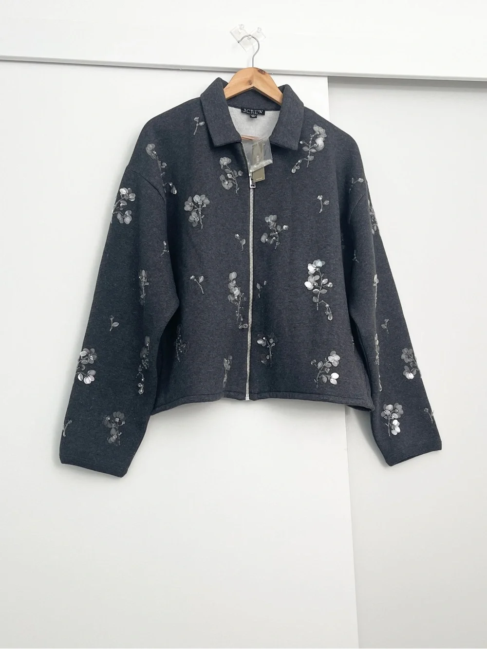 NWT Jcrew Embellished Floral Beaded Sequins Jacket Zip Up Fleece Size XL